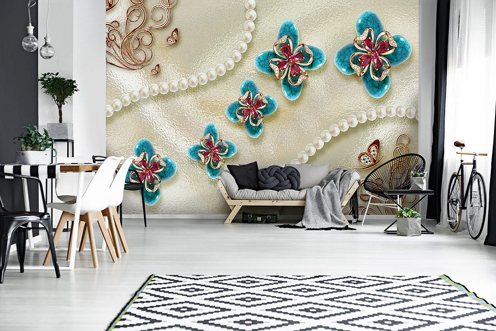 Флізелінові фотошпалери візерунки 3д квіти 416x290 см Ексклюзивний дизайн на бежевому фоні (12050VEXXXXL) +клей