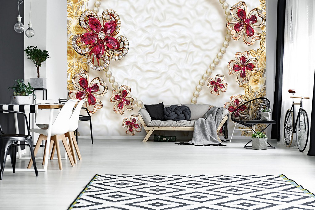 Три д флизелиновые фотообои 368x254 см 3д Эксклюзивный дизайн цветы и камни (12054V8) +клей