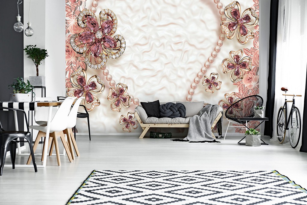 Флізелінові 3д фотошпалери 368x280 см Ексклюзивний дизайн квітів з каміння (12055V10) +клей