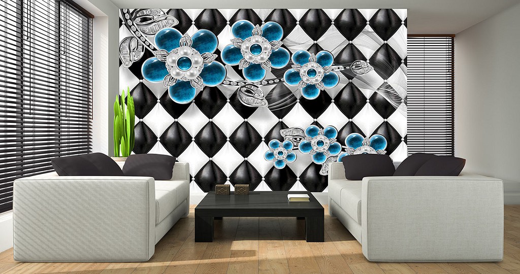 Флизелиновые фотообои Эксклюзивный дизайн Синие цветы и черно-белый фон (12057V)+клей