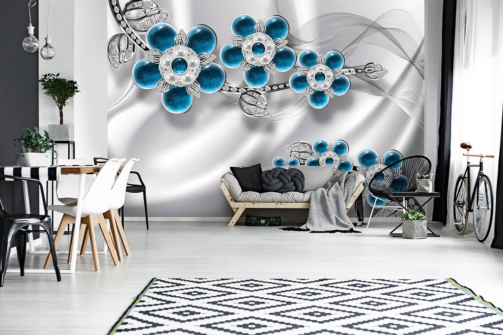 Флізелінові фото шпалери з квітами на стіну 254x184 см Ексклюзивний дизайн Сині квіти на світлому тлі (12058V4)+клей