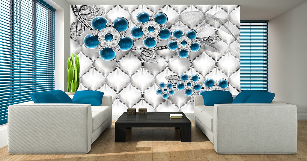 Флизелиновые 3д фотообои 460x300 см синие цветы из камней (12059V12) +клей