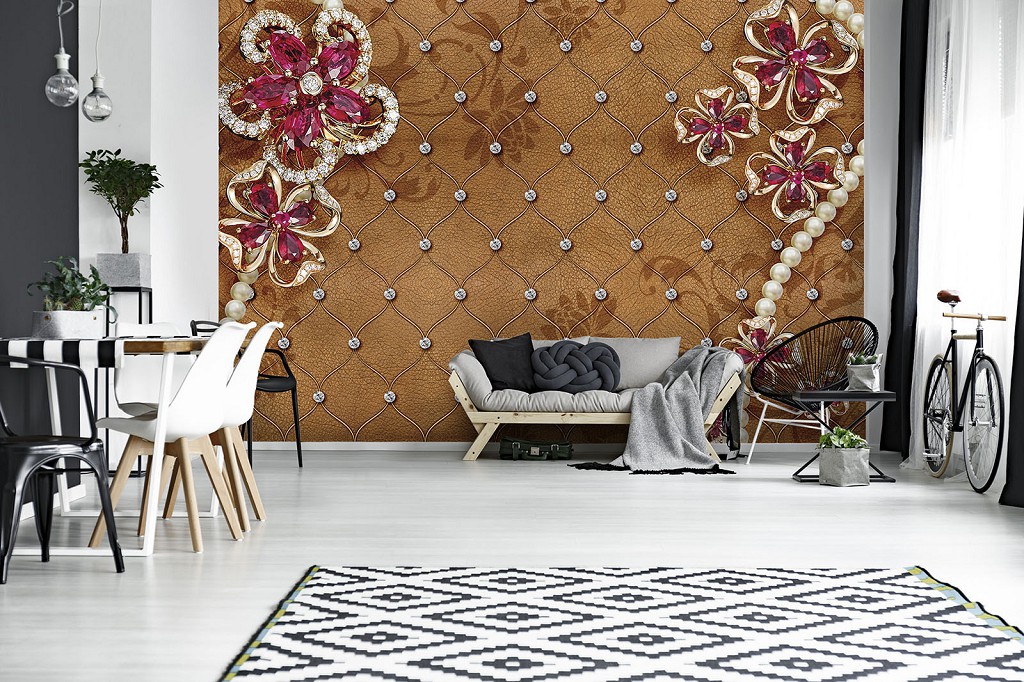 Флизелиновые 3д фотообои для кухни 368x280 см Эксклюзивный дизайн цветы на коричневом фоне (12061V10) +клей