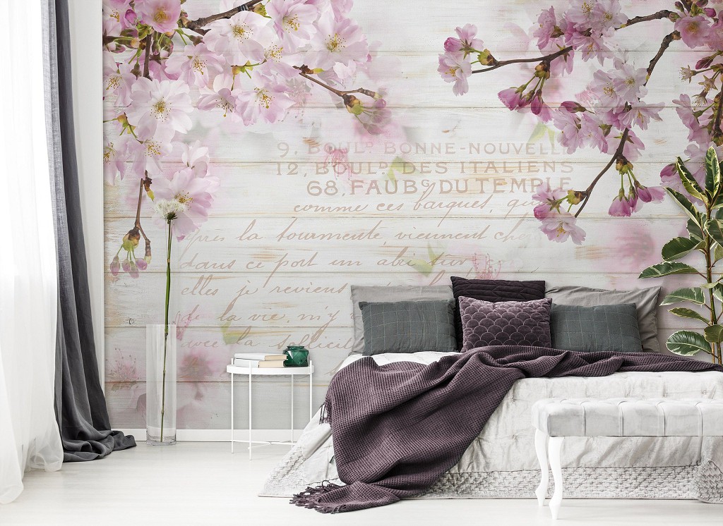 Флизелиновые фотообои вишня 254x184 см Ветки сакуры на фоне досок (12064V4)+клей