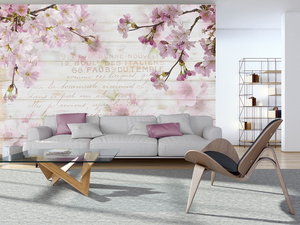 Флизелиновые фотообои с природой в интерьере цветы 368х254 см Ветки сакуры на фоне досок (12064V8)+клей