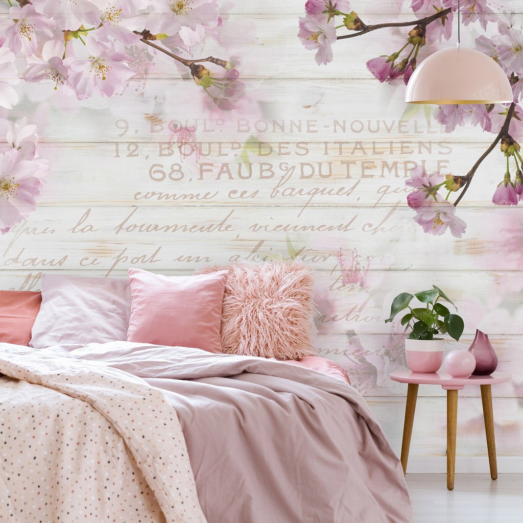 Флизелиновые фотообои цветы 460x300 см Ветки сакуры на фоне досок (12064V12) +клей