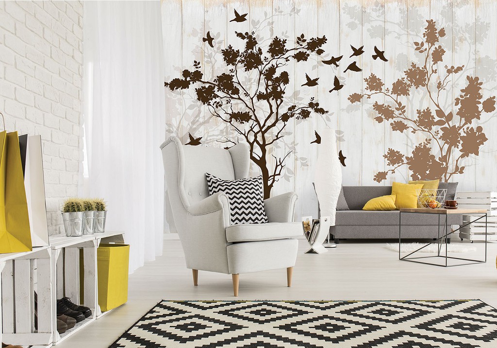 Бумажные флизелиновые фотообои под дерево 520 х 318 см Птицы над деревьями 12066VEXXXXXL+клей