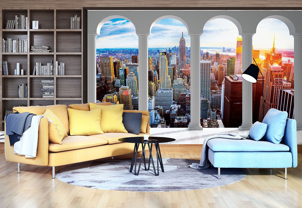 Комната с флизелиновыми 3д фотообоями город небоскребы 416x290 см Вид на Нью-Йорк за арками (12117VEXXXXL) +клей