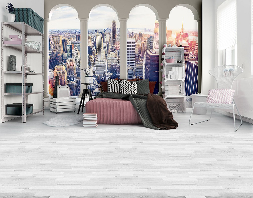 Флизелиновые фотообои город небоскребы 416x254 см 3Д Нью-Йорк за колоннами (12120VEXXXL) +клей