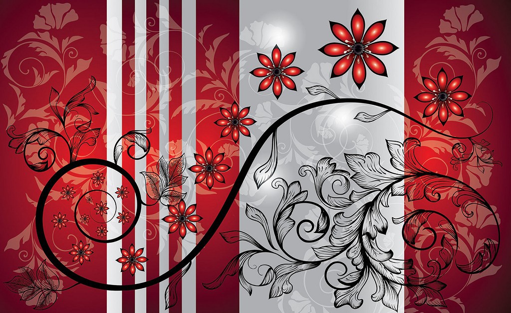 Флизелиновые фотообои в узкой прихожей 368x254 см Красные цветы и черные вензеля (1212V8)+клей