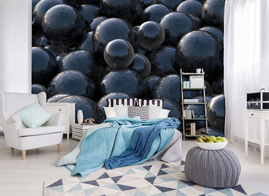 Абстрактні флізелінові фотошпалери 368x280 см Чорні кулі 3Д (12143V10) +клей