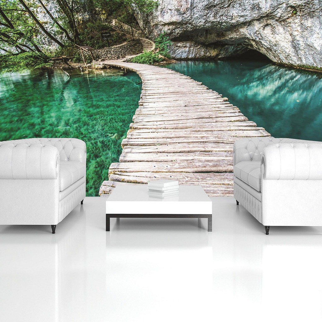 Флізелінові 3D фотошпалери природа 254x184 см Вода Ландшафт Пішохідний Міст Скелі (1215V4)+клей