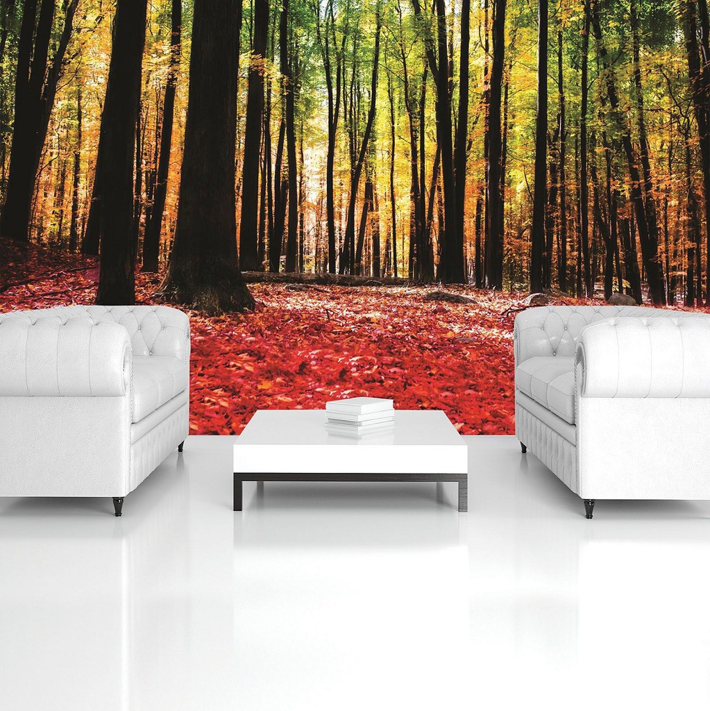 Красиві флізелінові фотошпалери природи 312x219 см Червоне листя в осінньому лісі (1219VEXXL)+клей