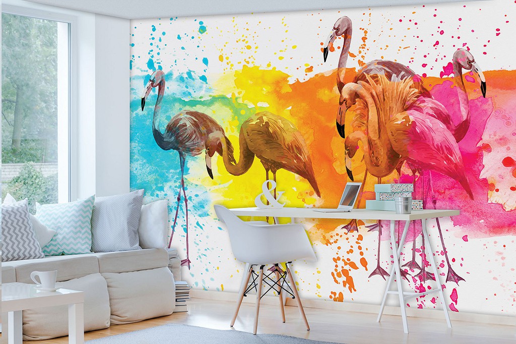 Абстрактні флізелінові фотошпалери птахи 460x300 см Фламінго та бризки фарби (12273V12) +клей