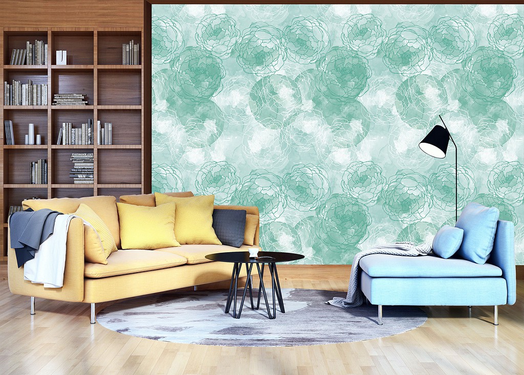 Флізелінові фотошпалери до спальні над ліжком 520x318 см бірюзові квіти намальовані аквареллю (12285VEXXXXXL) +клей