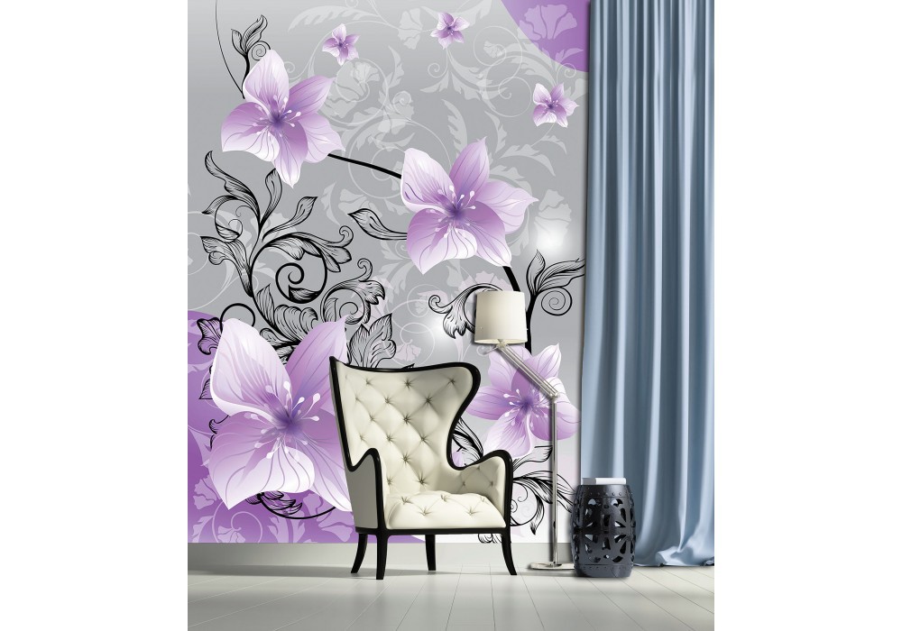 Флизелиновые фотообои в интерьере кухни гостиной 184x254 см Фиолетовые цветы и черные стебли (1238V4A)+клей