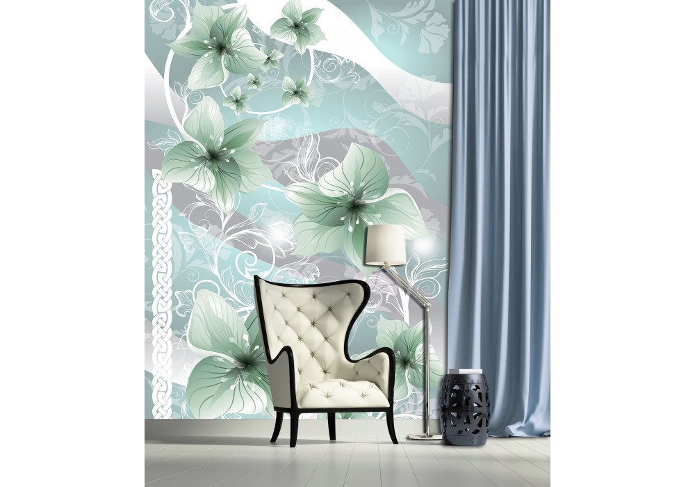 Флізелінові фотошпалери у вітальню 184x254 см Зелені квіти на білих стеблах (1239V4A)+клей
