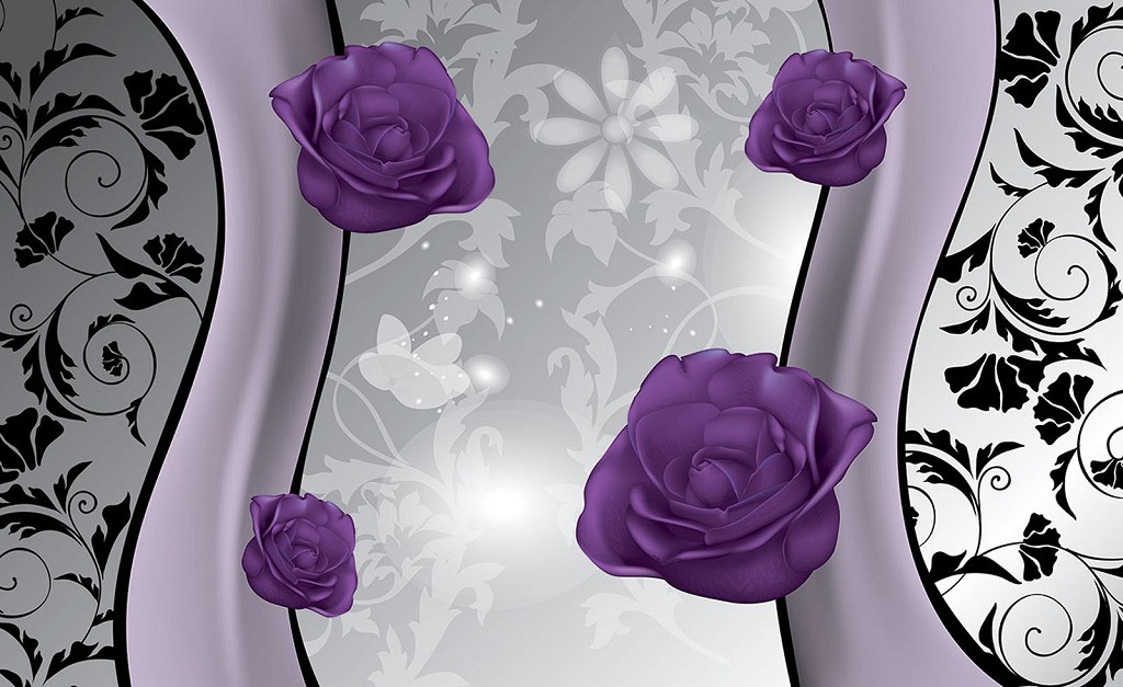 Дизайн залу флізелінові фотошпалери 416x254 см Фіолетові троянди на світлому фоні (1243VEXXXL)+клей