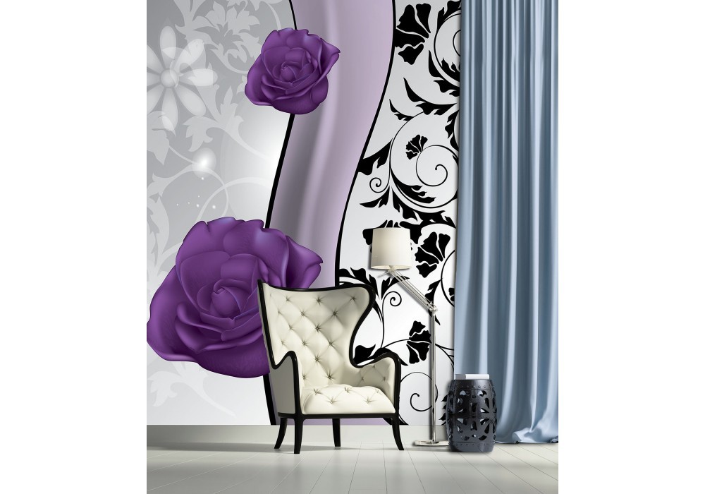 Флізелінові фотошпалери в інтер'єрі кухні вітальні 206x275 см Фіолетові троянди на світлому фоні (1243VEA)+клей