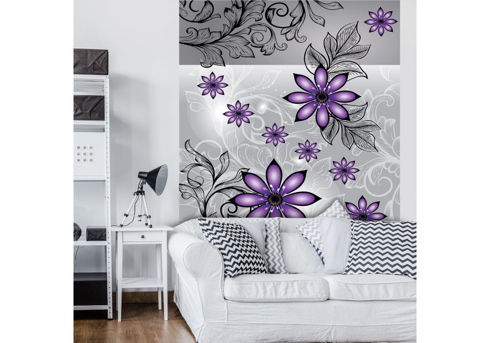 Ремонт вітальні з флізеліновими фотошпалерами 184x254 см Фіолетові квіти на сірий фон (1244V4A)+клей