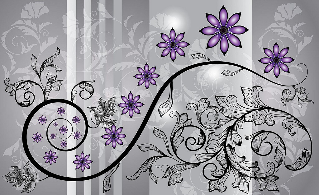 Над кроватью флизелиновые фотообои в спальню 416x254 см Фиолетовые цветы и черные стебли на сером фоне+клей