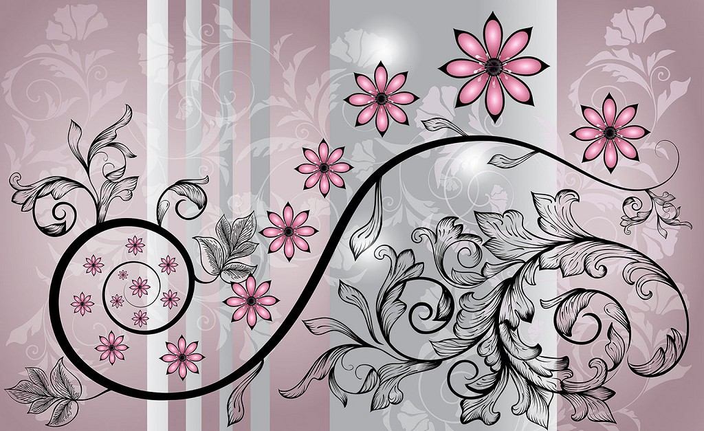 Флізелінові фотошпалери в інтер'єрі передпокої 254x184 см Рожеві квіти та чорні стебла на сірий фон (1248V4)+клей