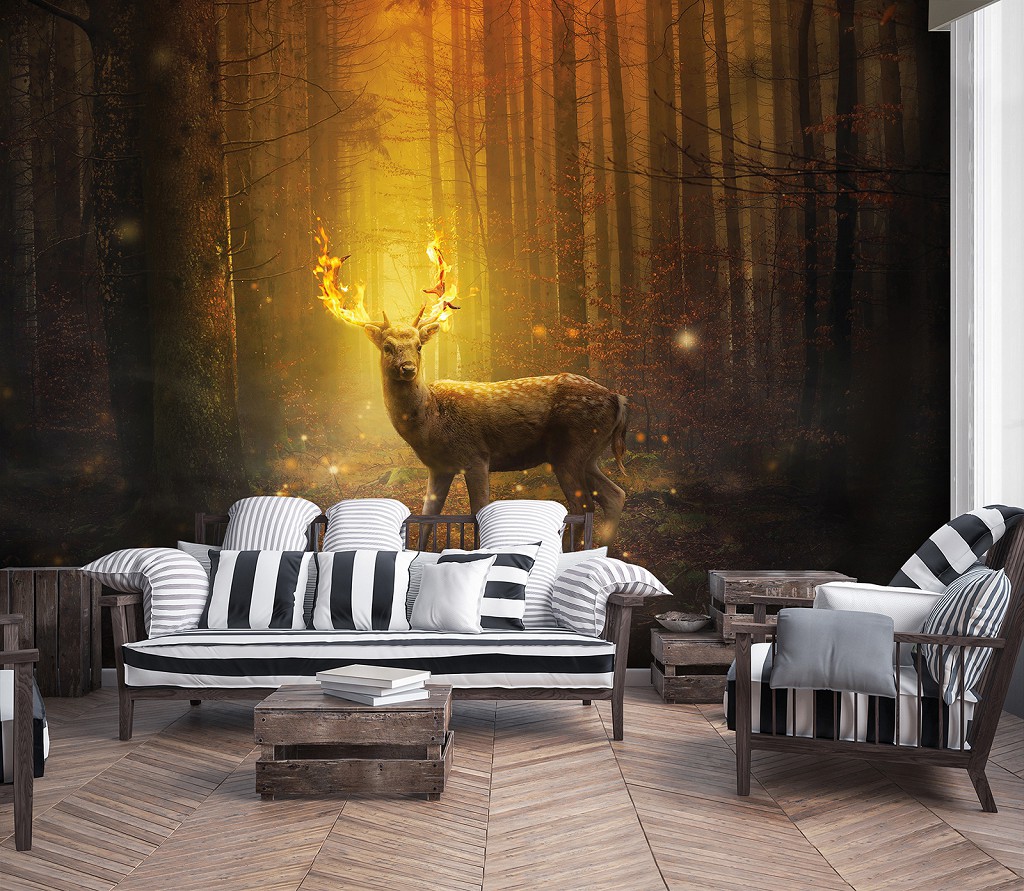 Флизелиновые 3д фотообои природа лес животные 368x254 см Олень в лучах заходящего солнца (12520V8) +клей