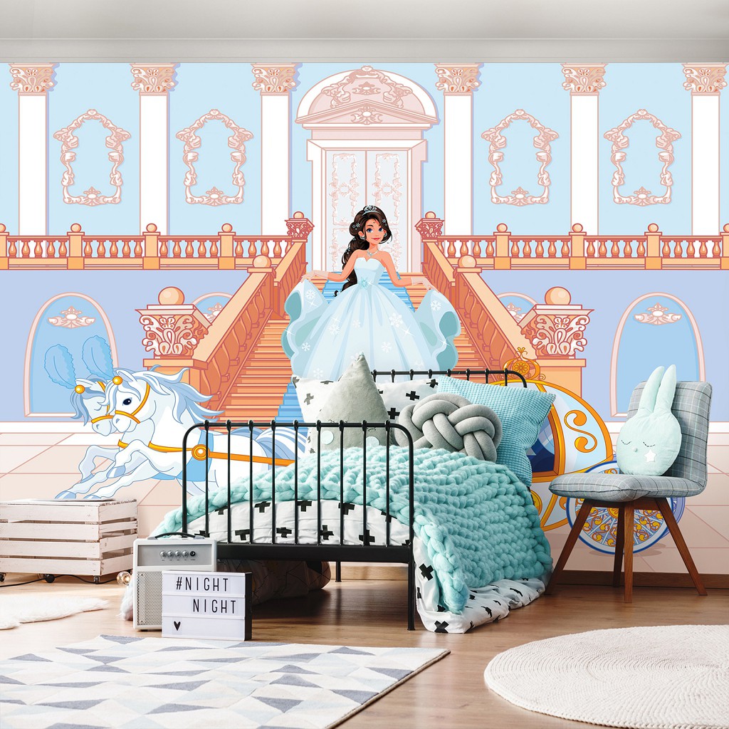 Флізелінові фотошпалери для спальні дівчаток 416x254 см Дитячий палац карета та принцеса (12532VEXXXL) +клей