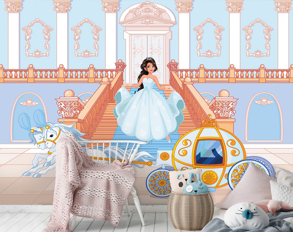 Готові флізелінові фотошпалери для дівчаток 416x290 см Дитячий палац карета та принцеса (12532VEXXXXL) +клей