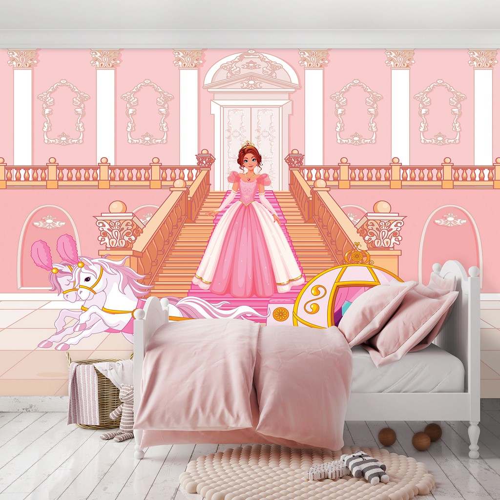 Флізелінові фотошпалери для дівчаток дісней принцеси 312x219 см Дитяча карета з конячками та Попелюшкою (12533VEXXL) +клей
