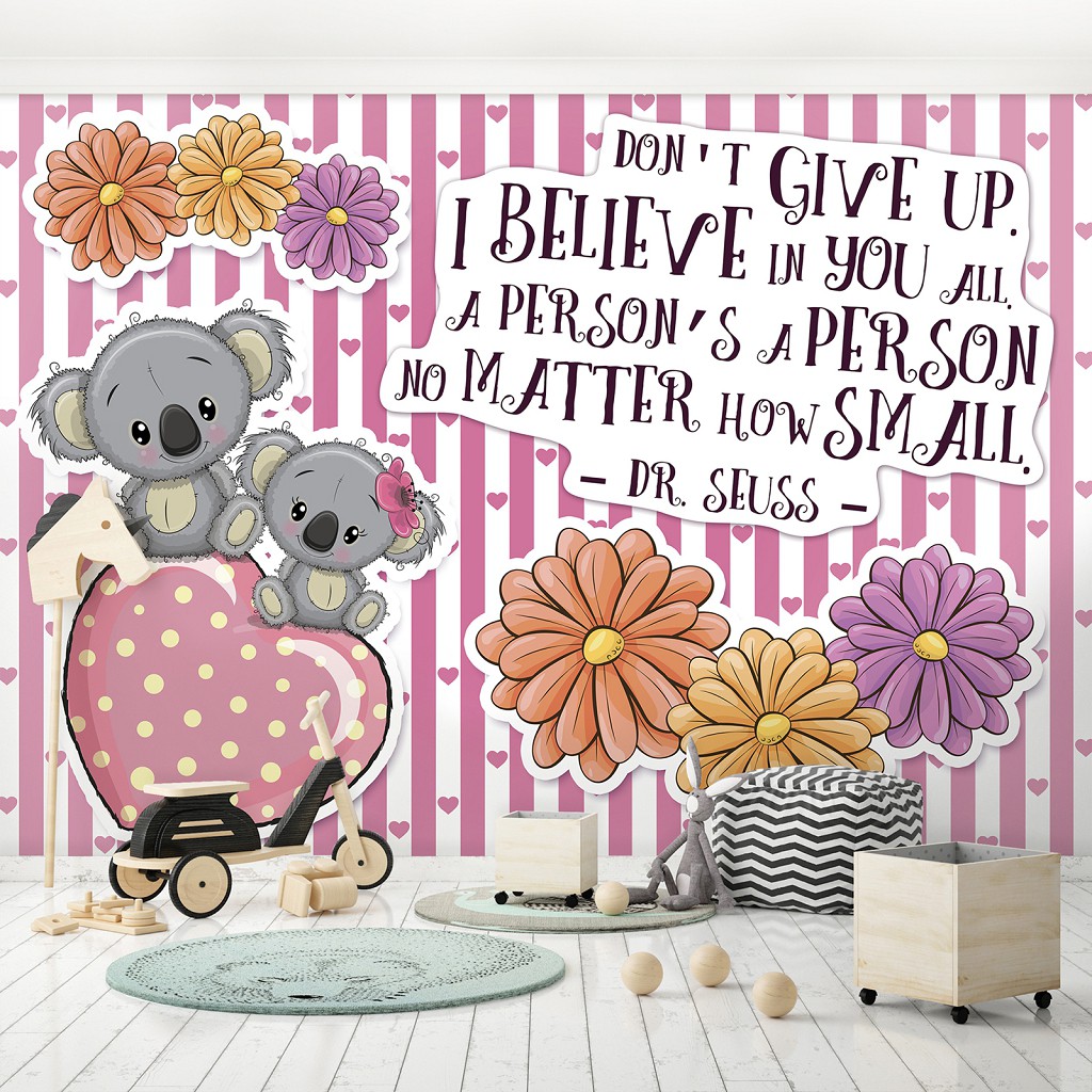 Надпись флизелиновые детские фотообои для девочек 416x290 см Мишки цветы и сердечки (12534VEXXXXL) +клей