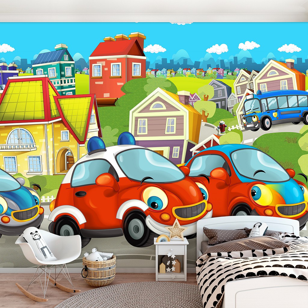 Флізелінові фотошпалери 416x254 см Для дітей Хлопчики Машинки Казкове містечко (12536VEXXXL) +клей
