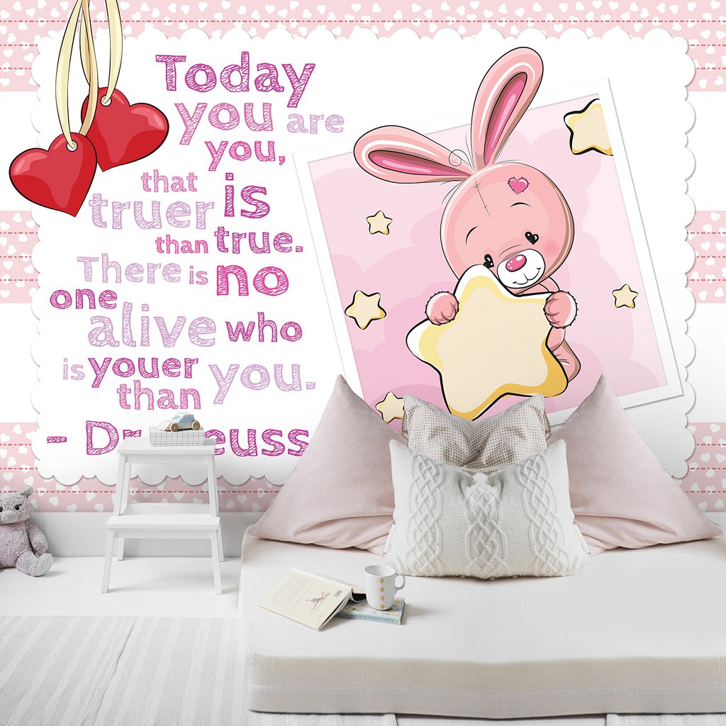 Флизелиновые детские фотообои с животными в интерьере 416x290 см Для маленькой девочки розовый кролик (12539VEXXXXL) +клей