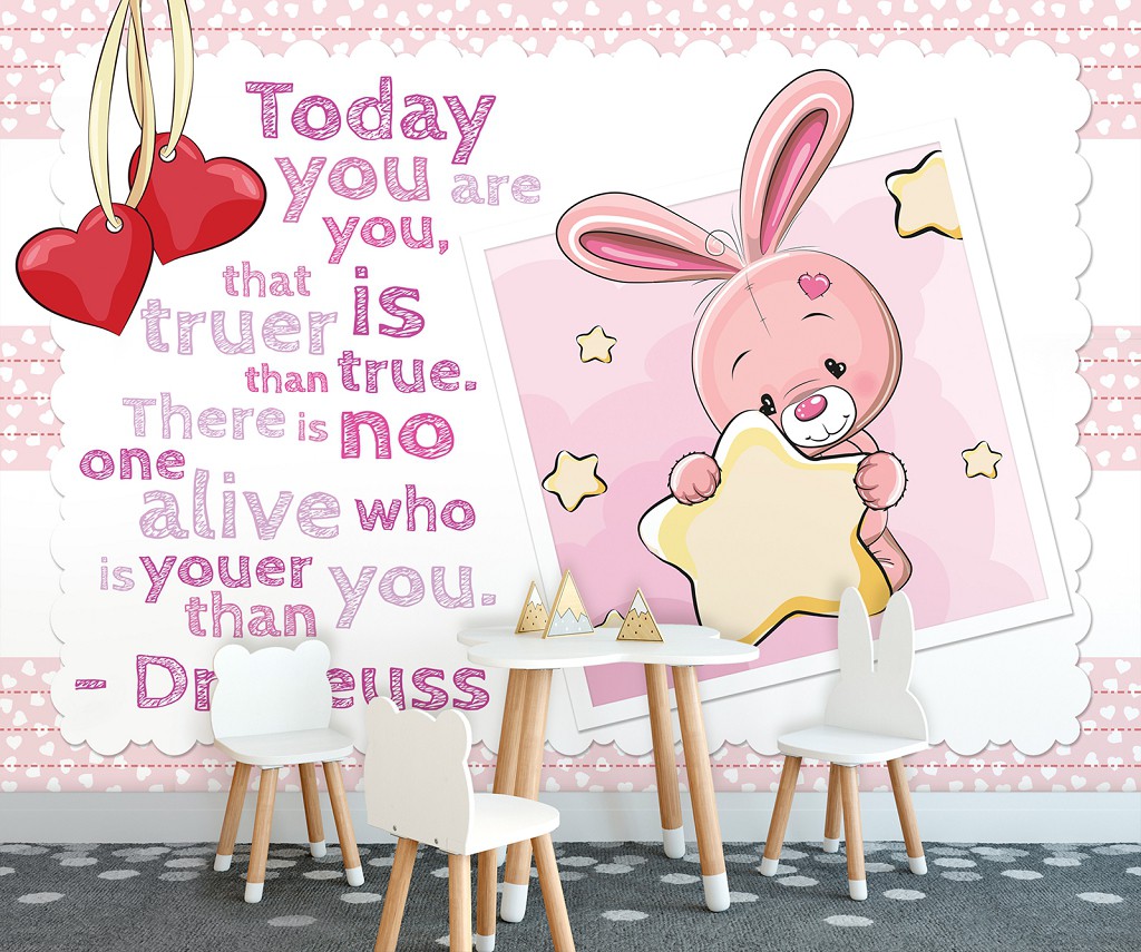 Флізелінові дитячі фотошпалери милі тварини 520x318 см Для маленької дівчинки рожевий кролик (12539VEXXXXXL) +клей