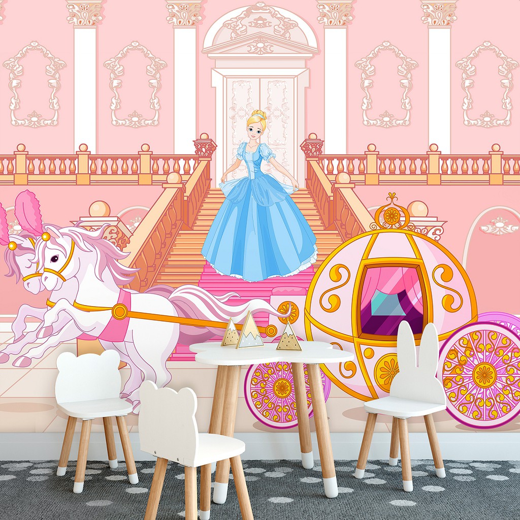 Флизелиновые фотообои для девочек принцессы 368x254 см Розовая детская карета и лошадки (12542V8) +клей