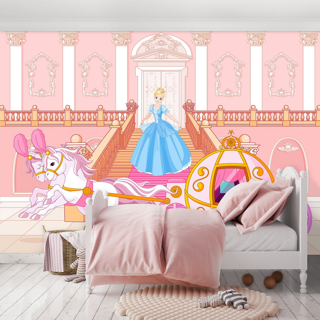 Флизелиновые фотообои для девочек принцессы 520x318 см Розовая детская карета и лошадки (12542VEXXXXXL) +клей
