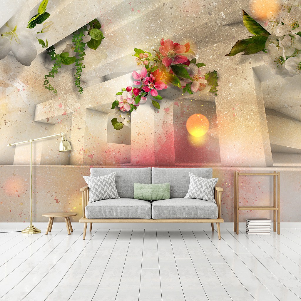 Флізелінові фотошпалери 3 д 368x254 см Абстракція яскраві квіти та фігури (12572V8) +клей