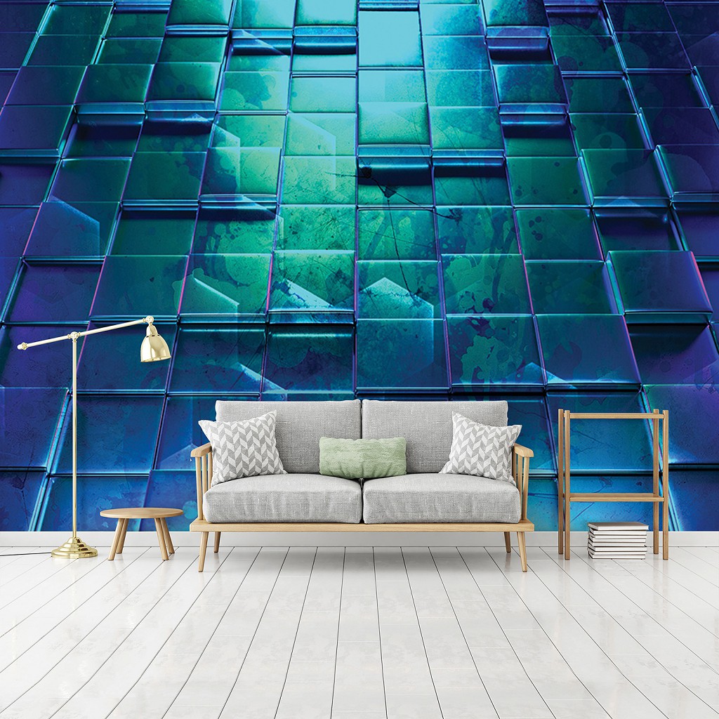 Флізелінові 3д фотошпалери клітка в інтер'єрі 416x254 см Геометрія стіни з синіх кубів (12573VEXXXL) +клей