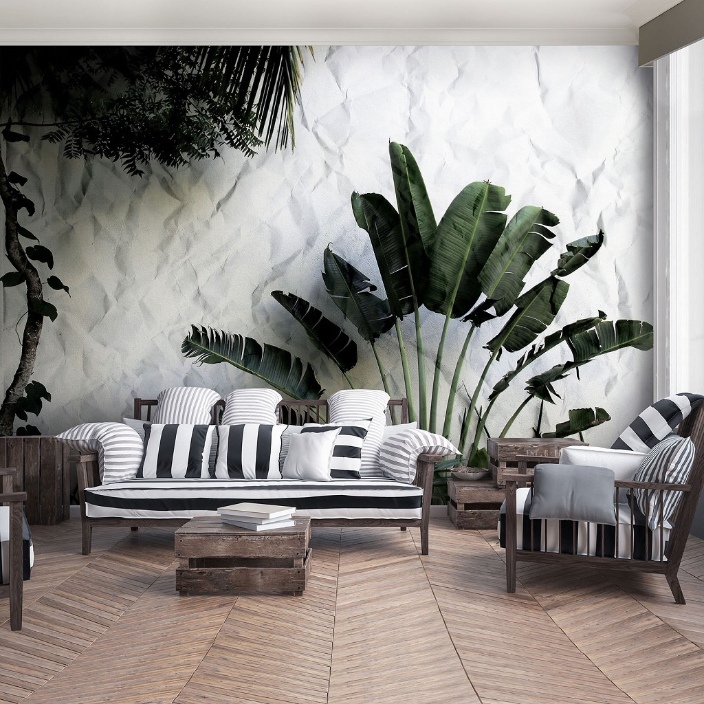 Квіти флізелінові фотошпалери 368x254 см 3D листя на фоні білої стіни (12595V8) +клей