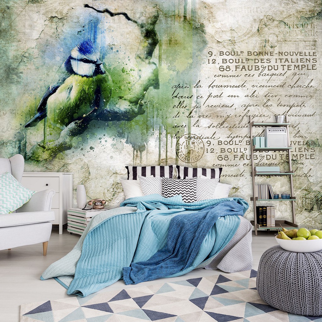 Флизелиновые винтажные фотообои 254x184 см Художественная абстрактная акварельная птица (12596V4)+клей