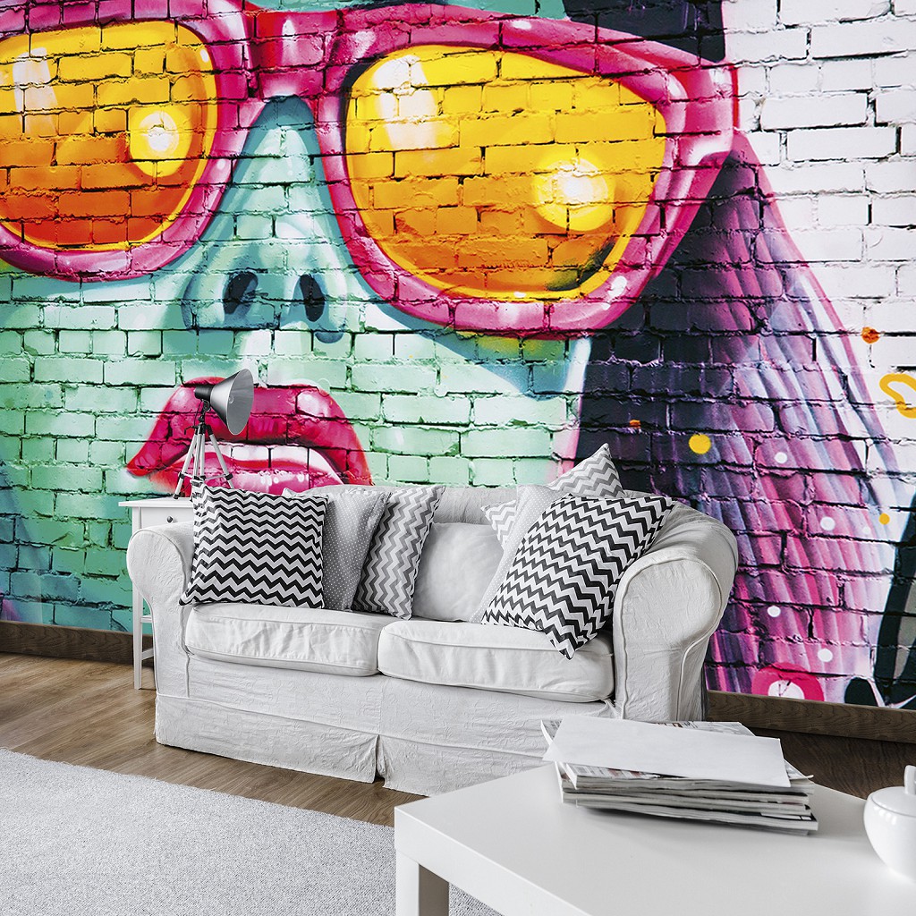 Флизелиновые фото обои под кирпич в интерьере 368x254 см Молодежные граффити на стене (12603V8)+клей