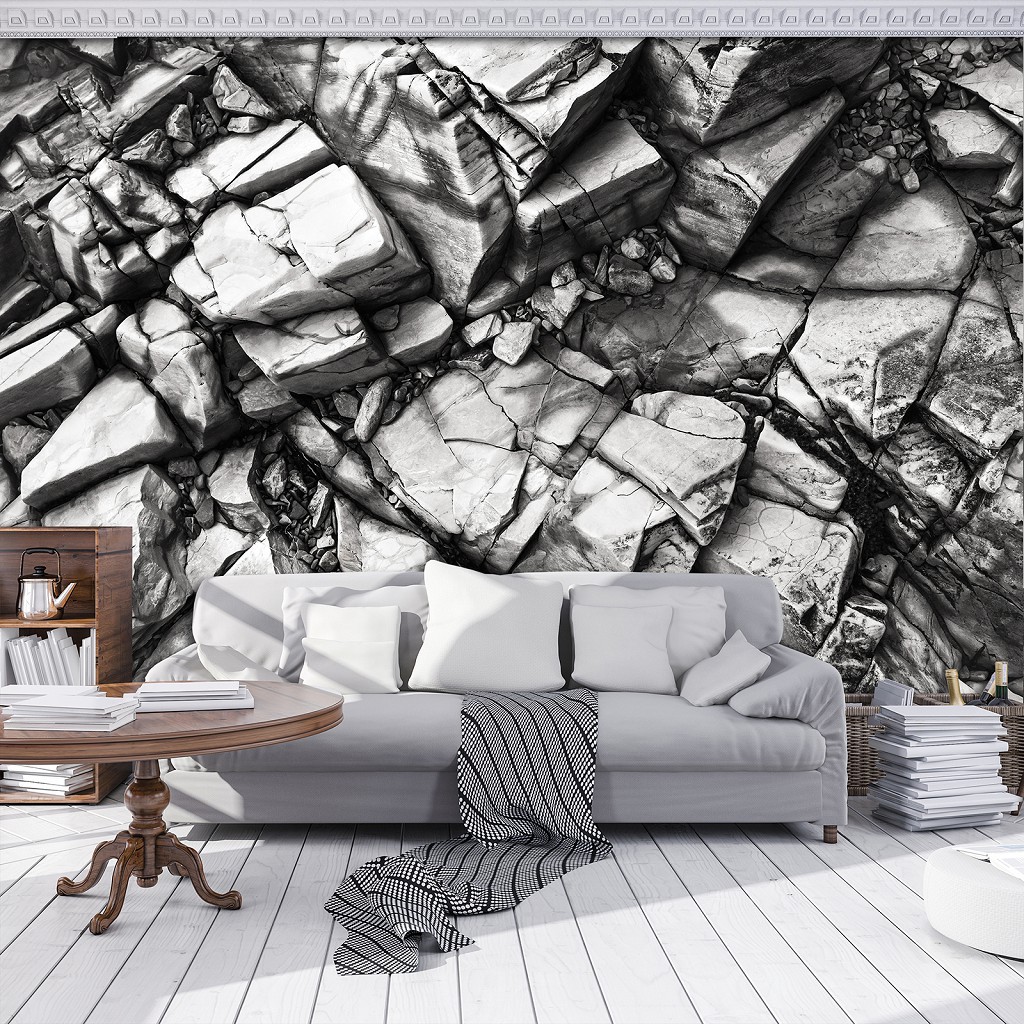 Флізелінові сучасні 3d фото шпалери 368x254 см Кам'яна структура скеля срібло (12611V8)+клей