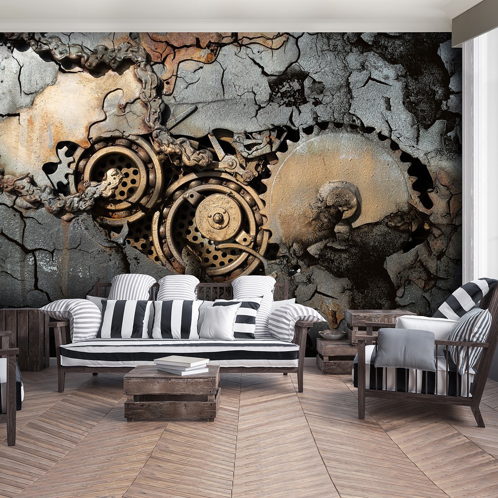 Флізелінові фото шпалери геометричним малюнком 312x219 см Абстракція 3D Шестерні Бетон Лофт (12612VEXXL)+клей