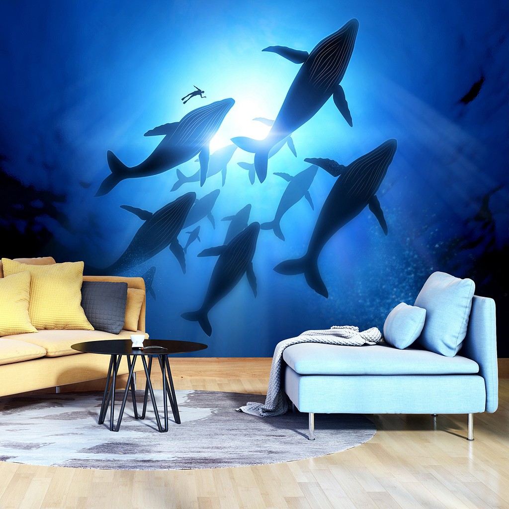 Флізелінові фотошпалери морські тварини 368x254 см Зграя китів у океані на тлі променів сонця (12628V8) +клей