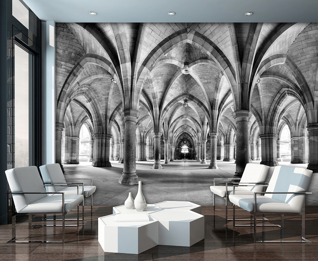 Флизелиновые фото обои черно-белые город Памятники архитектуры Арки 254x184 см 3D Университет Глазго (12637V4)+клей