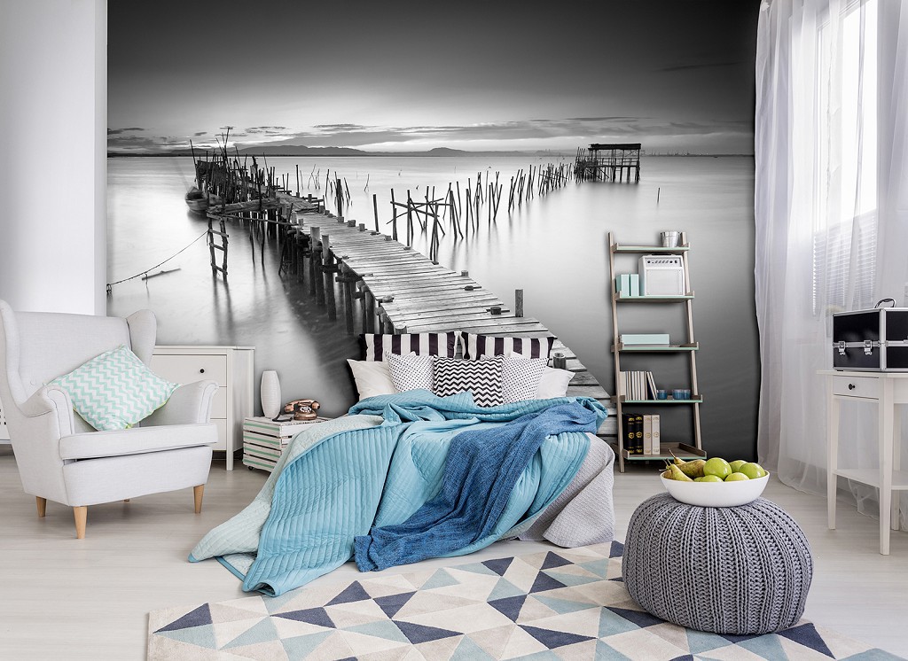 Флизелиновые фото обои Природа Пейзаж Мост 312x219 см 3D Черно-белый причал на озере (12638VEXXL)+клей