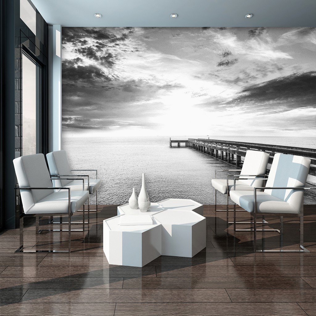 Флизелиновые фотообои Природа Пейзаж Мост 312x219 см 3D Черно-белое небо над пирсом (12641VEXXL)+клей