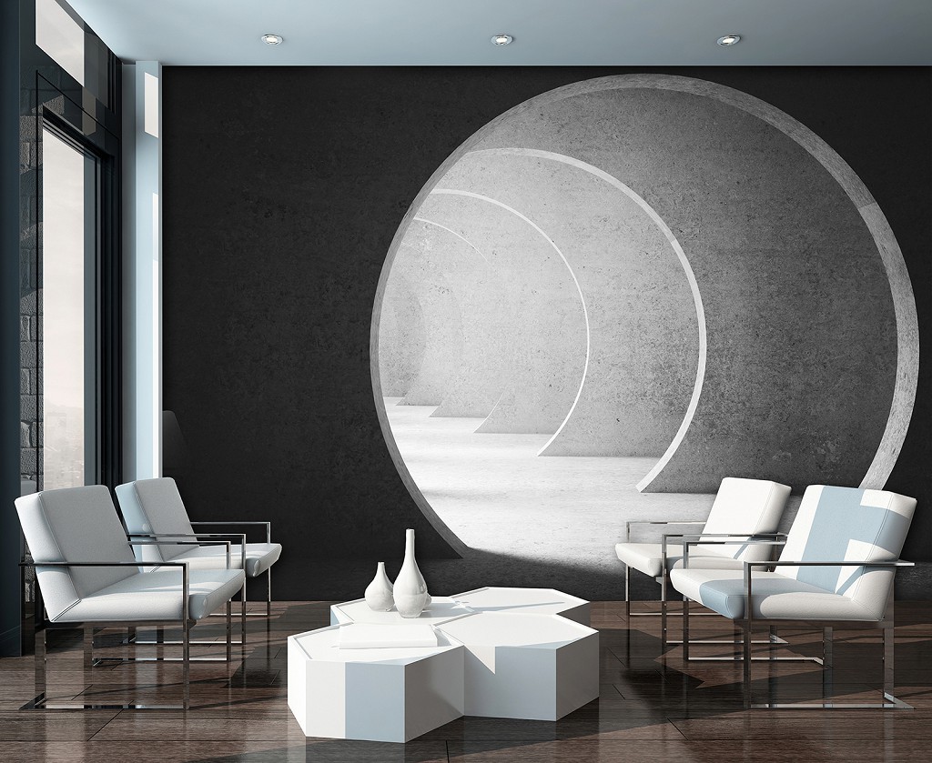 Флизелиновые современные фотообои на стену 3D Тоннель 312x219 см Круглый светлый бетонный коридор (12645VEXXL)+клей