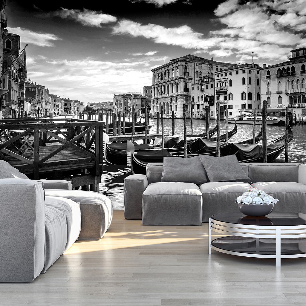 Флізелінові фото шпалери з містом Венеція на стіну 254x184 см Чорно-білі гондоли (12649V4)+клей