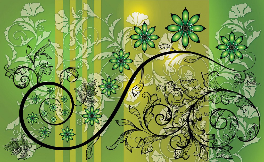 Флизелиновые фотообои в зал 368x254 см Зеленые цветы и черные стебли на зеленом фоне (1265V8)+клей